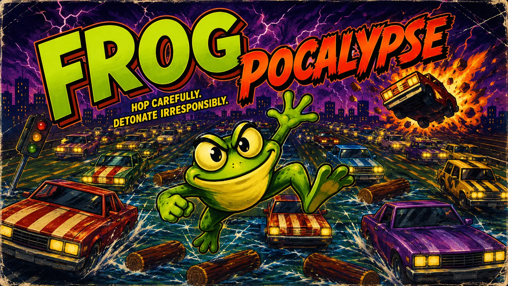 Frogpocalypse cover art: a gleeful frog hops through flooded traffic and explosions
